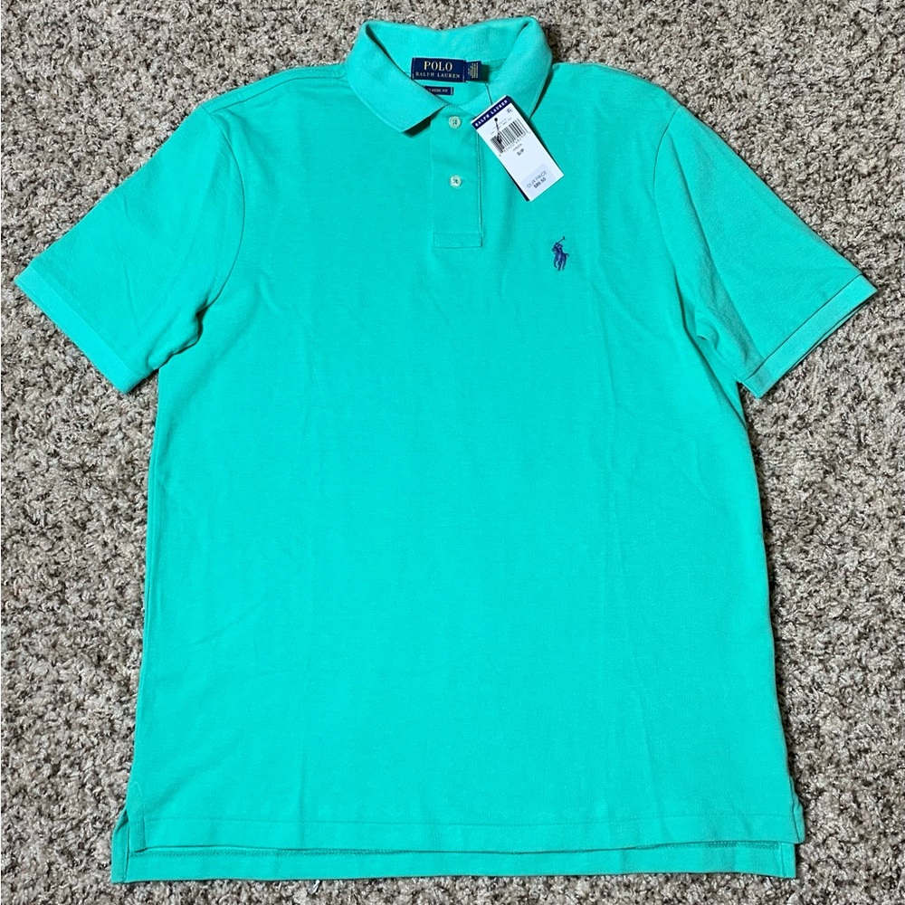 New Men’s Classic Fit Mesh Polo Shirt Sunset Green / Purple Size Small